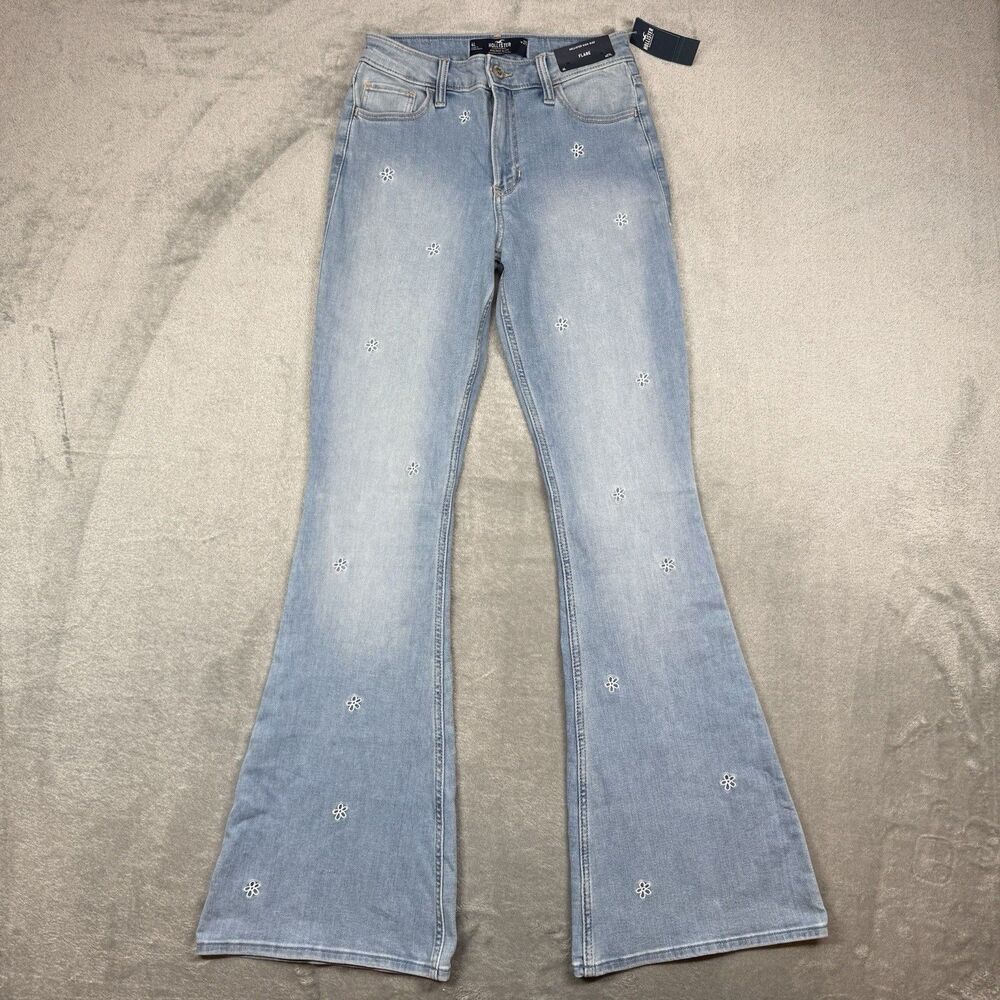 Hollister Jeans Womens 27L Blue Cotton Denim High Rise Flare Soft Stretch Floral